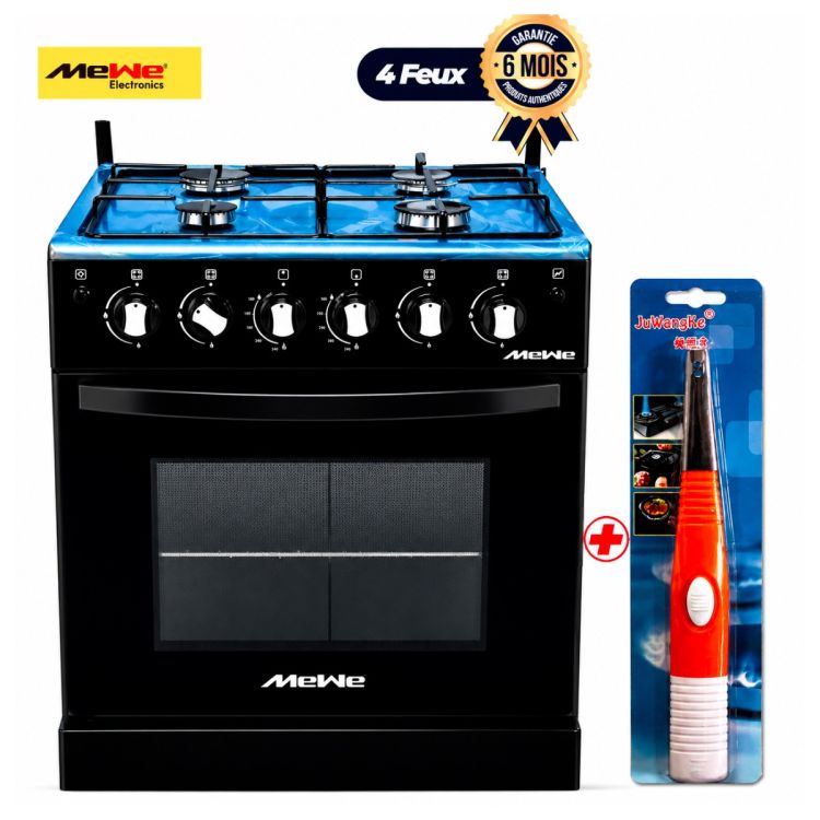 Cuisinière à Gaz MEWE 60x60 cm, Noir, 4 Feux, Allumage automatique, Four 80L, Garantie 06 Mois, prix Cameroun. 