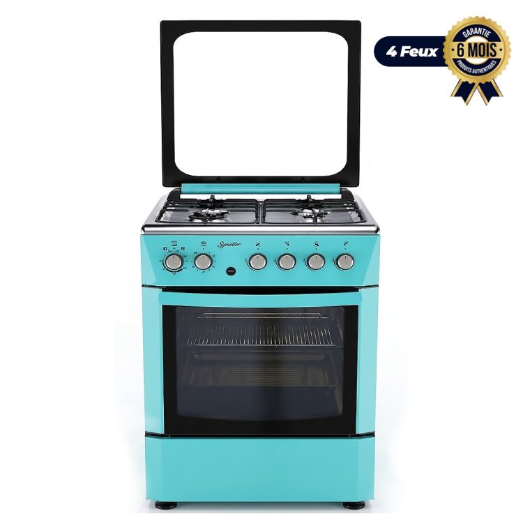 Cuisinière à gaz - SIGNATURE - SG.CUI.6601-G-IXTQ-ARC - 4 Foyers - 60x60 cm - Table Inox - Allumage Automatique - Four à Gaz - Tournebroche - Grilles Fonte - Bleue - Garantie 06 mois