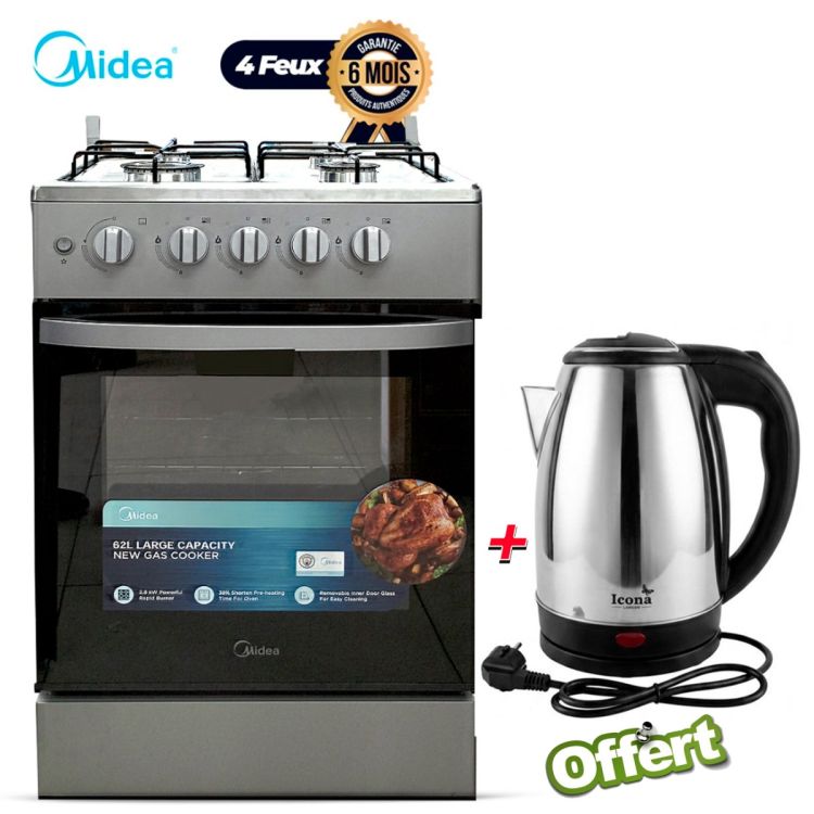 Pack Cuisine Midea – Cuisinière à Gaz 4 Feux MD-508(SL) – 50 × 50 cm – Allumage Électrique + Bouilloire Électrique ICONA 2L OFFERTE