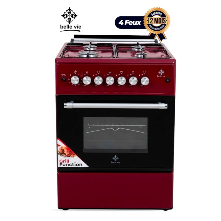 Cuisinière à Gaz BELLE VIE - F6B40G2-IX – 60x60 cm – 4 Foyers – Four Double Chauffe Haut et Bas – Gril & Tournebroche – Allumage Électrique – Minuterie – Rouge – Garantie 12 Mois 