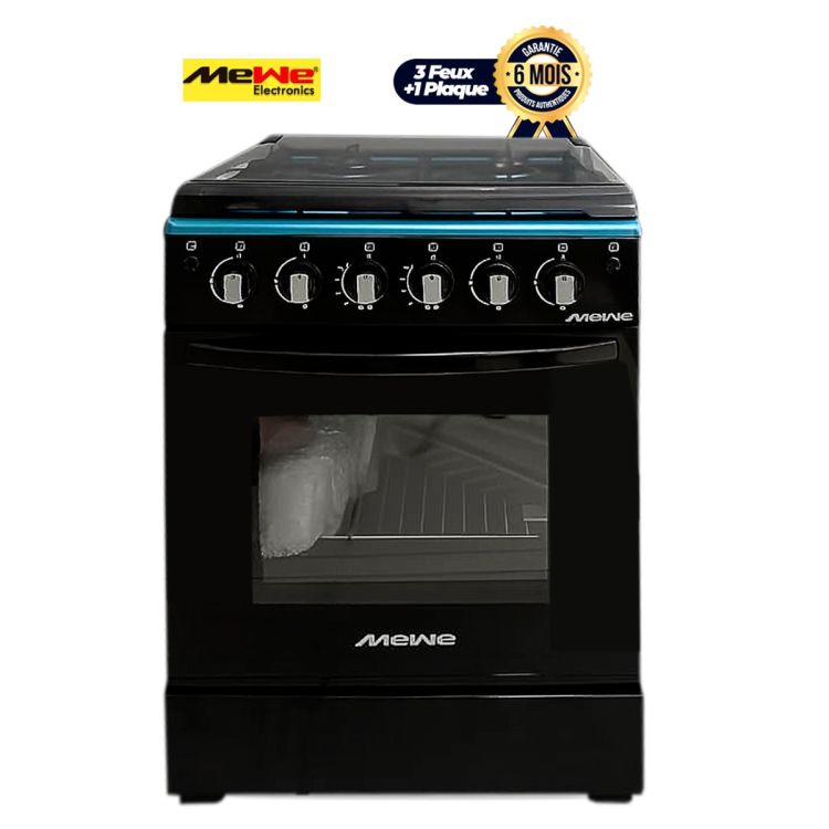 Cuisinière Semi-Gaz MEWE - SGC601-3G1E - 60x60 cm - 3 Feux + 1 Plaque Électrique - Four 80L - Noir - Garantie 06 Mois