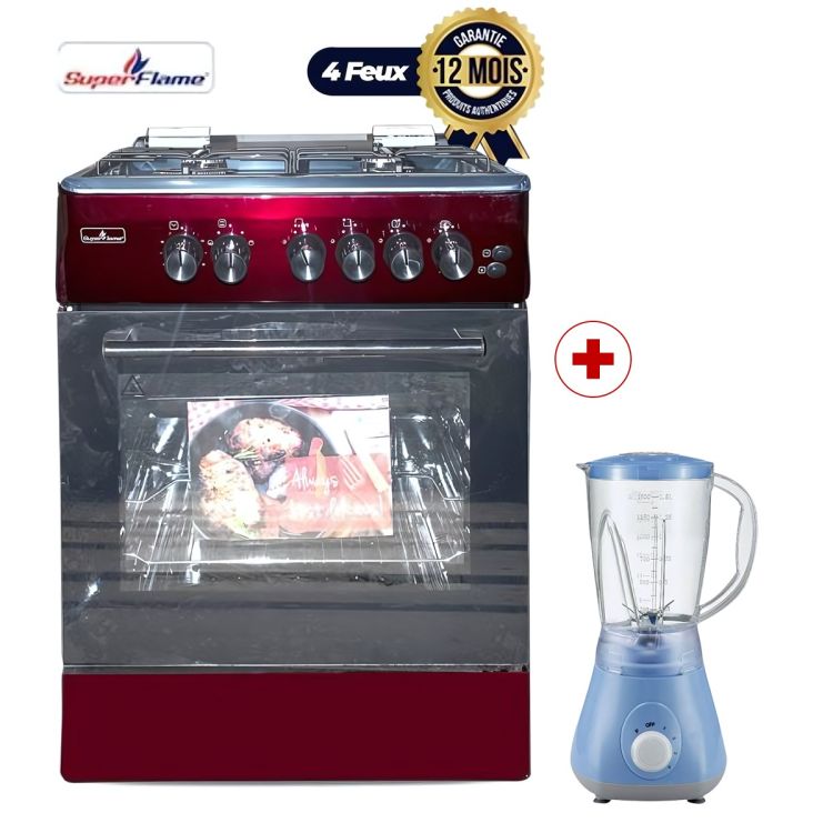 PACK Cuisinière SUPER FLAME 4 Feux 60 x 60 cm - ROUGE + Blender Roch 2 en 1 OFFERT