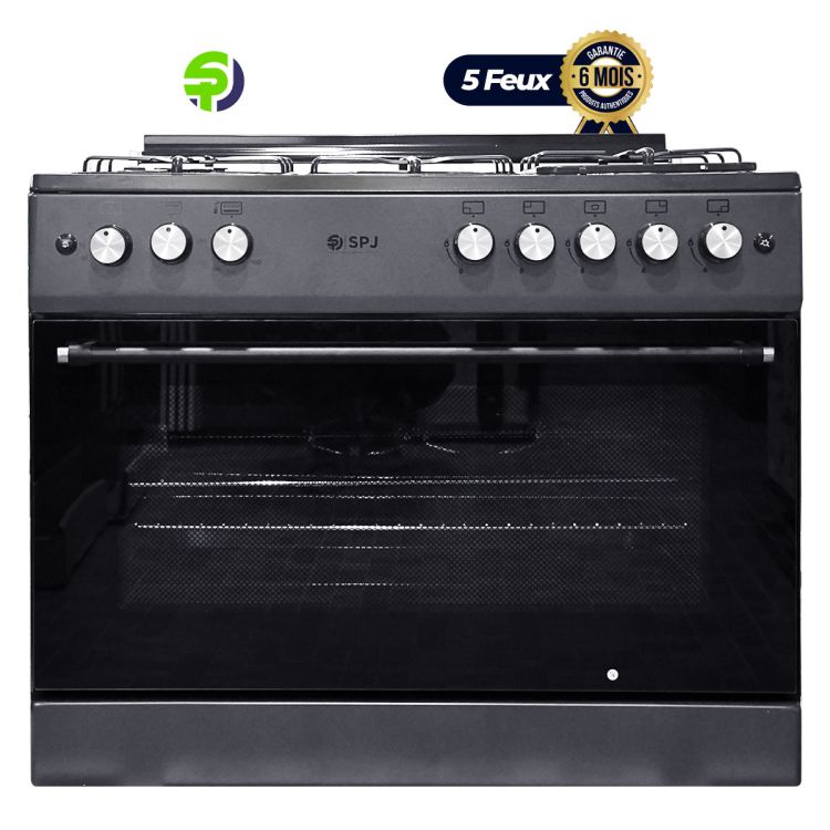Cuisinière a Gaz - 5 feux - SPJ - FSG906-PG - 90 x 60 cm - Grand four grill - Noir - 6 Mois  |Glotelho Cameroun