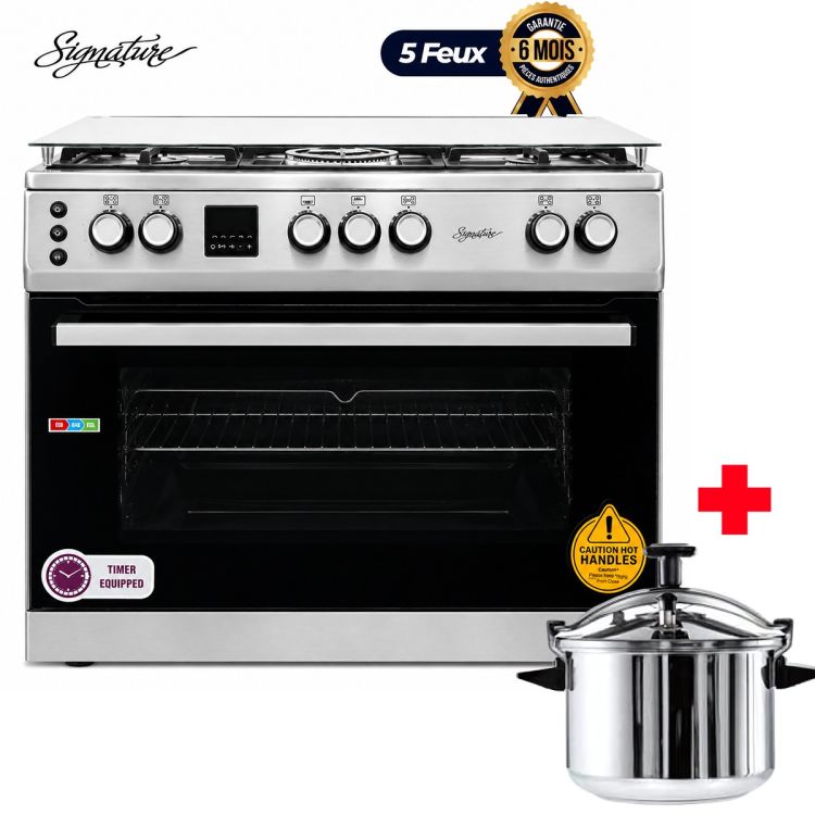 Pack Cuisinière SIGNATURE 5 Feux Inox 60x90cm avec Grand Four SOGO6090-IX-AVG + Cocotte Minute Fatafeat 9L Inox – Garantie 6 Mois