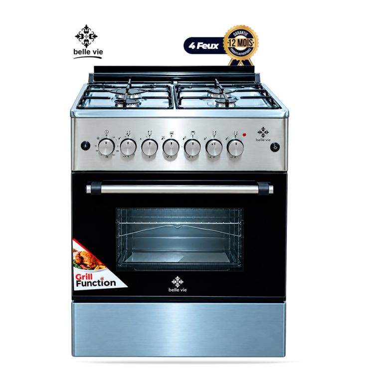 Cuisinière Mixte – BELLE VIE F6B31G2-IL/SS – 60x60 cm – 3 Feux Gaz + 1 Plaque Électrique – Four Gaz à Gaz Double Chauffe, Gril & Tournebroche – Minuterie – Allumage Électrique – Noir et Inox – Garantie 12 mois