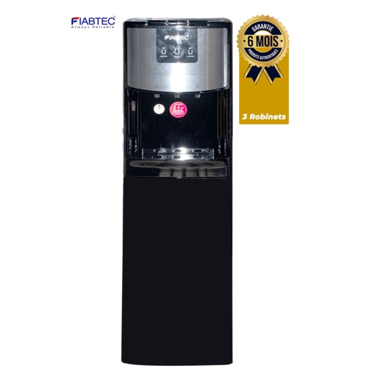 Distributeur d’eau FIABTEC noir à chargement par le bas, 3 robinets et compresseur silencieux, garantie 6 mois, prix Cameroun.