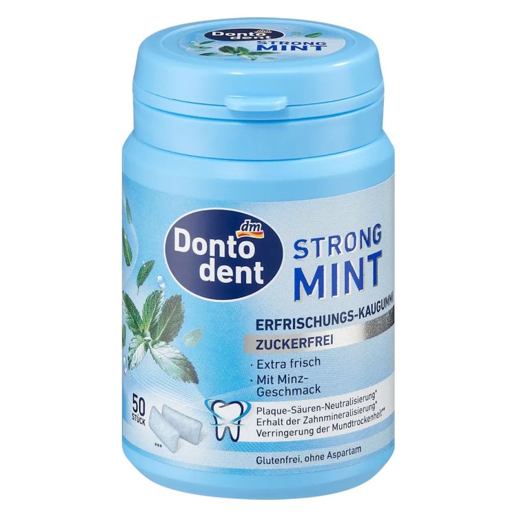 Dontodent Strong Mint – Chewing-gum Sans Sucre à la Menthe Forte (Boîte de 50 Dragées) – Haleine Fraîche, Sans Aspartame, Vegan & Sans Gluten