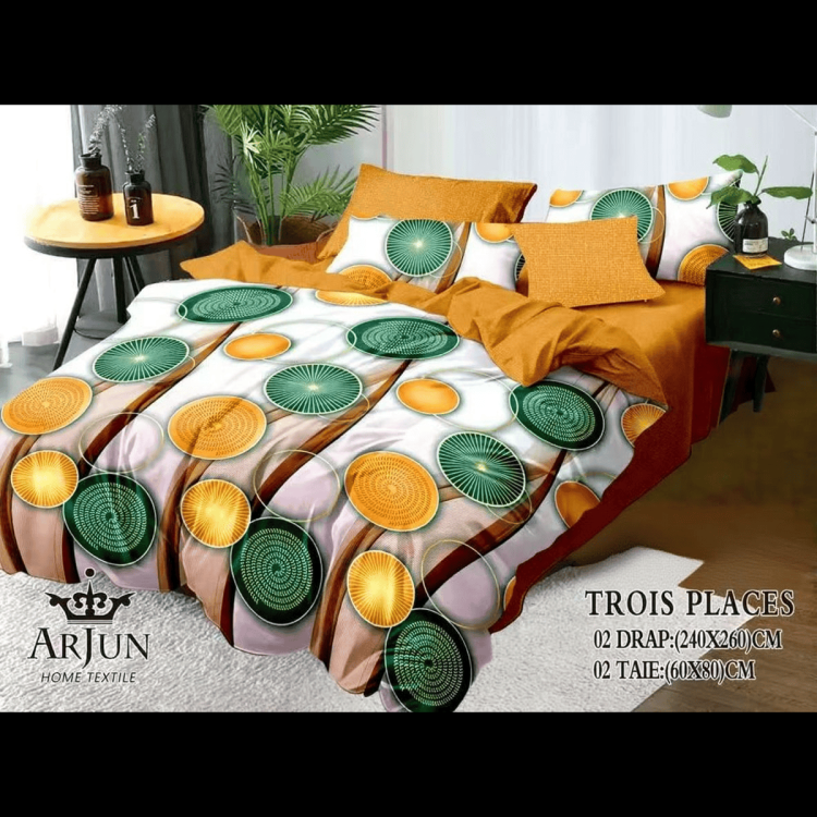 Drap - ARJUN - AB259 - 240x260 cm - 2 draps - 2 Taies D'oreiller - 3 places - 100% coton - Multicolore | Glotelho Cameroun