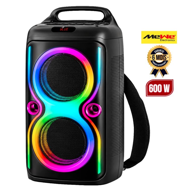 Enceinte de fête Bluetooth sans fil Rechargeable - MEWE MW-PTS6205 - 600 W PMPO - 2 Woofers 6,5" + Tweeter - Micro & Télécommande Inclus - Entrées Guitare, USB, TF et FM - Lumières LED - Garantie 6 mois