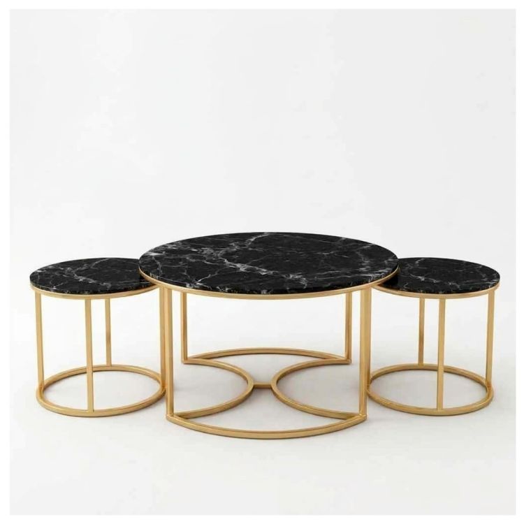Ensemble de 3 tables basses - ÉDIUEQUE - Gigognes Rondes - Structure en Métal Noir 