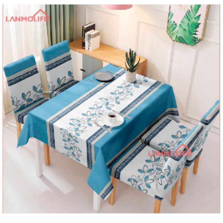 Ensemble de 6 housses de chaises + une nappe de table de salle à manger en polyester -  152cm × 228cm - Coloris Bleu ciel