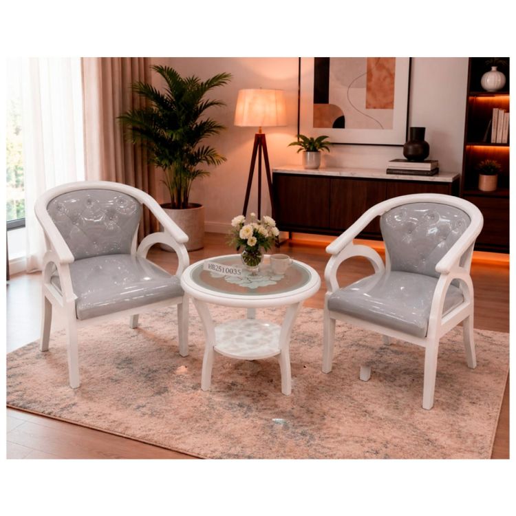 Ensemble Tête-à-tête HB2510036 – 2 Chaises Blanc/Gris + Table d'appoint avec Plateau en Verre