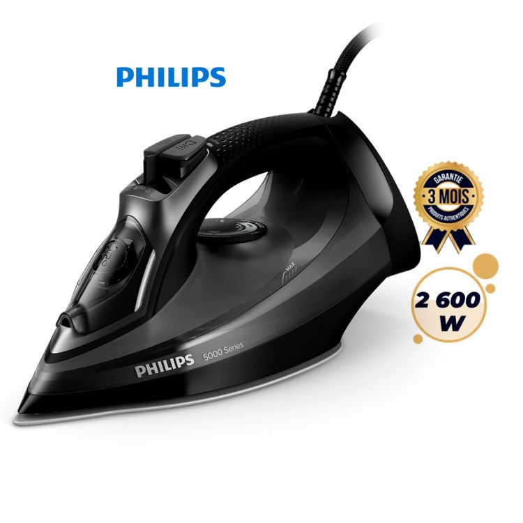 Fer à repasser Vapeur Philips Série 5000 DST5040/80 – 2 600 W – Effet Pressing 200 g – Semelle SteamGlide Plus Anti‑Rayure – Réservoir 320 ml – Anti‑goutte – Défroissage Vertical – Noir – Garantie 3 mois