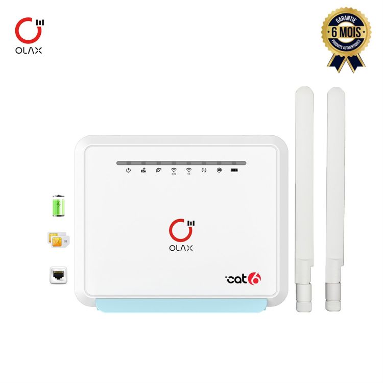 Flybox Olax MC80 AC1200 CAT6 - 4G LTE - WiFi Double Bande - 4 ports Gigabit, AC120  - Batterie 5000 mAh - Compatible Tout Opérateur (MTN, ORANGE, CAMTEL) - Blanc – Garantie 6 Mois