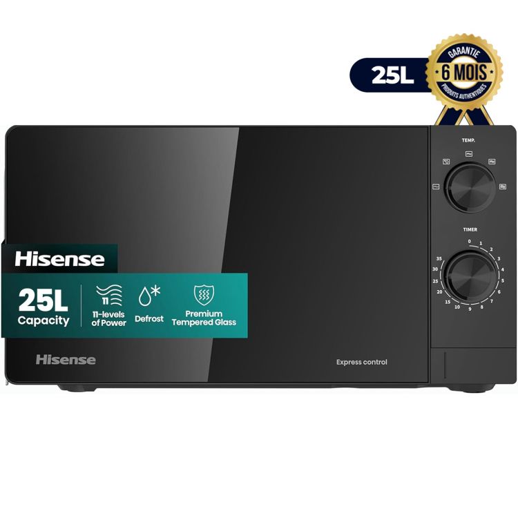 Four à Micro-ondes Solo - HISENSE (H25MOBS14) - 25L - 900W - 11 Niveaux de Puissance - Décongélation et Programmes automatiques - Sécurité Enfant - Commandes à Boutons Rotatifs- Noir - Garantie 6 mois