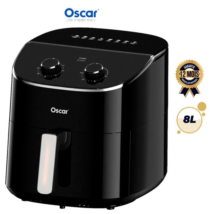 Friteuse Sans Huile (Air Fryer) - OSCAR - OSC-801 - 2000W - Grande Capacité 8L - Technologie Rapid Air - Commandes Rotatives - Poignée Ergonomiques - Noir/Blanc - Garantie 12 Mois