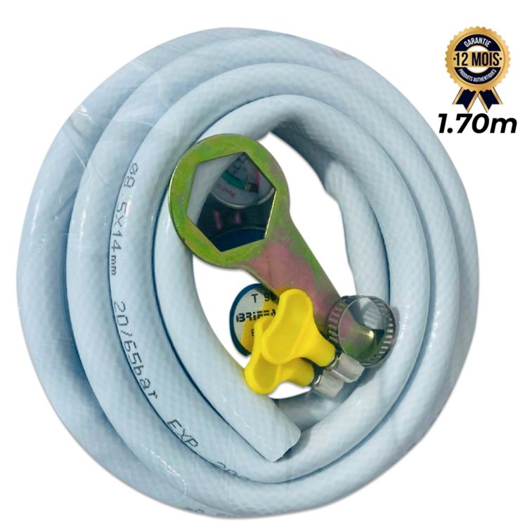 Kit Complet Triple Sécurité de Raccordement pour bouteille de Gaz Butane – Détendeur 37 mbar avec Manomètre + Tuyau de Gaz Renforcé 1,70m  (BLANC) +  Colliers de Sécurité + Clé de Serrage – Garantie 12 Mois