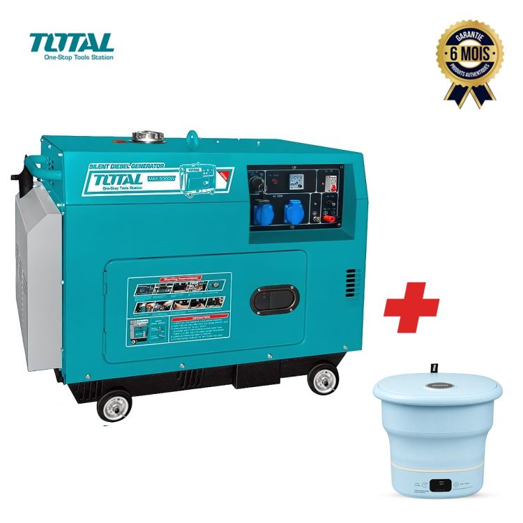 Groupe électrogène Silencieux TOTAL – 5000W/6.2KVA + Mini Machine à Laver OSCAR 1,7 kg Offerte