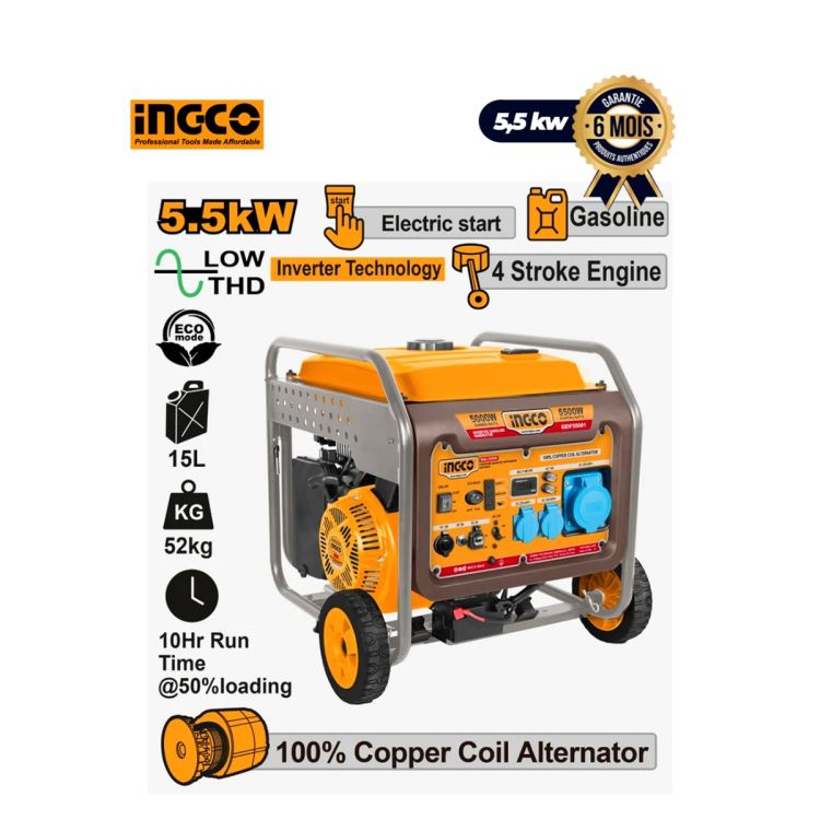 Groupe électrogène Inverter - INGCO - GEIF65006 - 5500W Max / 5000W Nominal - Pure Sinus - Démarrage Électrique & Lanceur - Réservoir 15L - Bobine Cuivre - Neuf - Garantie 06 mois