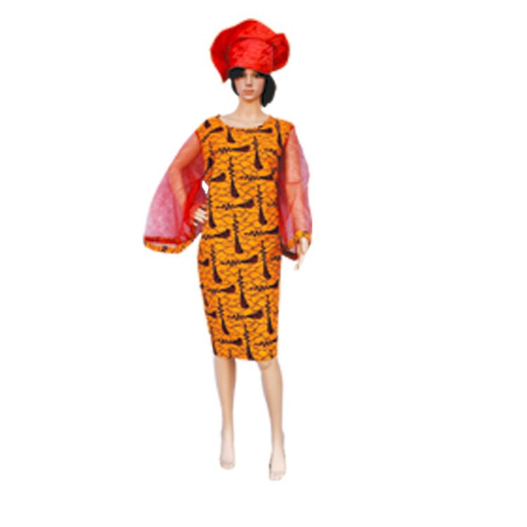 Robe Droite-longue Manche en Tuile Rouge+Foulard-taille moyenne