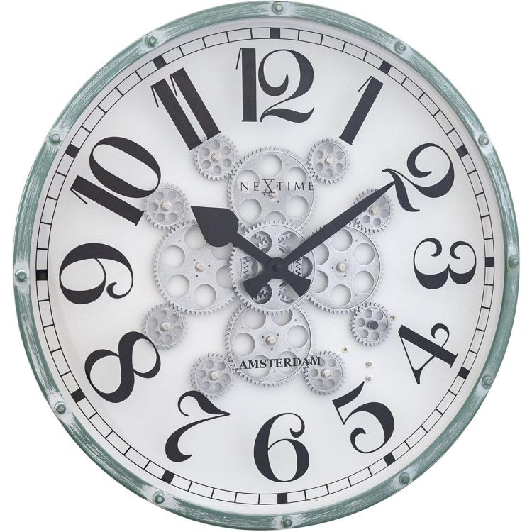 Horloge murale NEXTIME Blanc/Vert Clair, métal avec cadre en verre, engrenages mobiles décoratifs, prix Cameroun