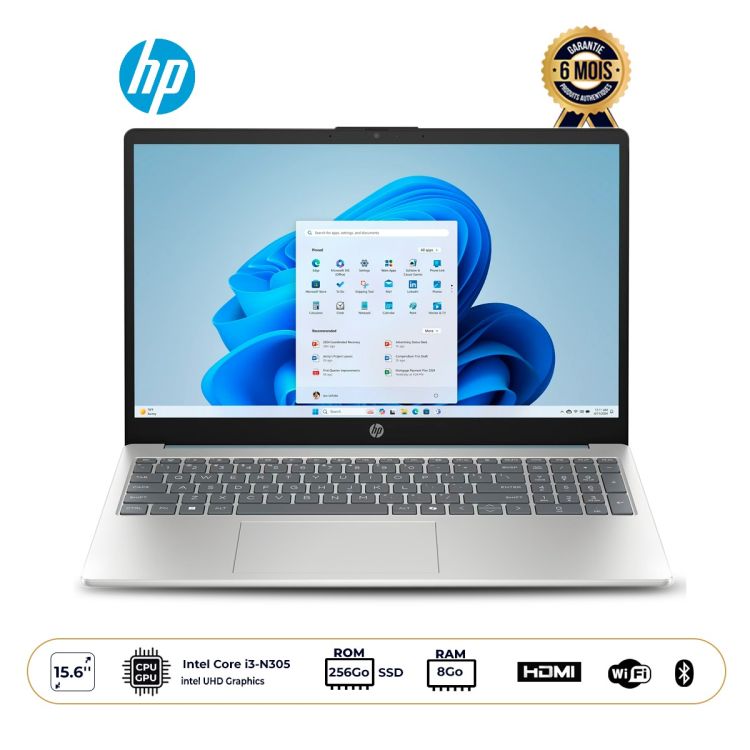 Ordinateur portable - HP 15 FD - Écran 15.6" FHD Tactile - Intel Core i3-N305 - 8Go RAM - 256Go SSD - Intel UHD Graphics - Moonlight Blue - Qwerty - Windows 11 - Garantie 6 mois