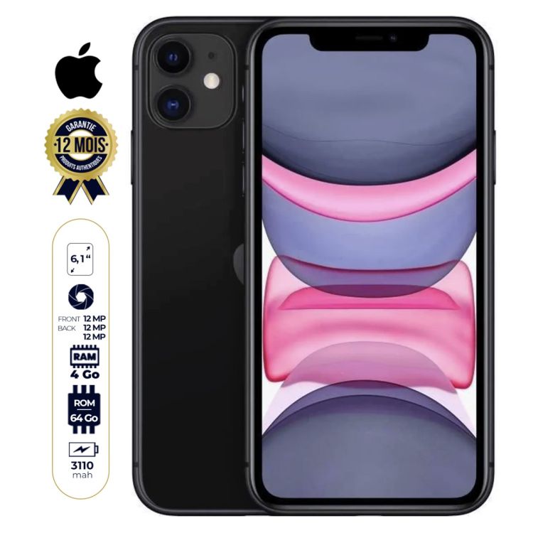 Iphone 11 - NanoSim - 64Go/4Go RAM - 6.1 Pouces - Noir | Glotelho Cameroun