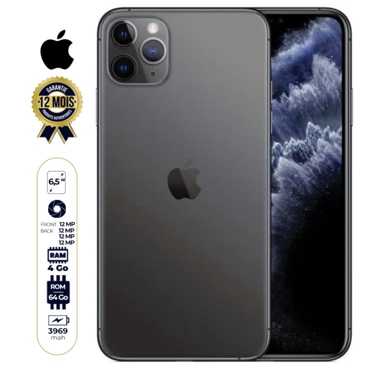 Iphone 11 pro max - 64Go ROM - 4Go RAM - Noir - 12 - 1 sim - mois | Glotelho Cameroun