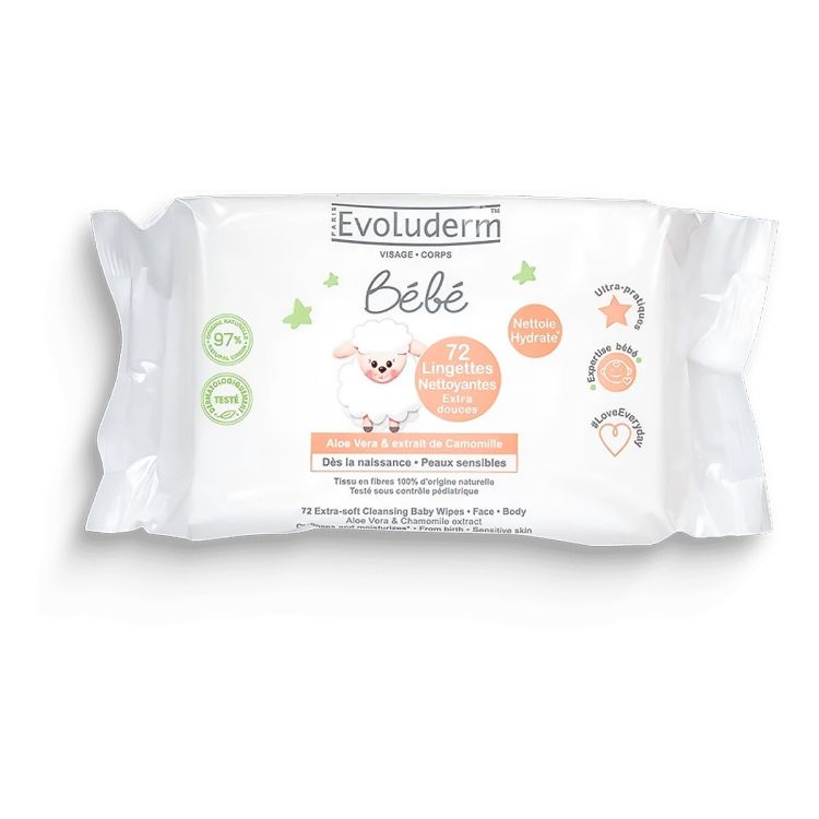 Lingettes Bébé Nettoyantes Extra-Douces – Evoluderm - Nettoyantes douces sans alcool - 72 lingettes