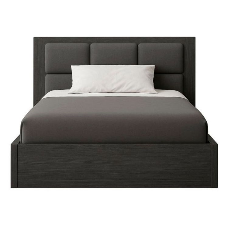Lit contemporain – Compact – 4 places – Bois dur traité – Tête rembourrée gris anthracite – Finition Formica noir mat – Dimensions 180x190 cm – Livré démonté