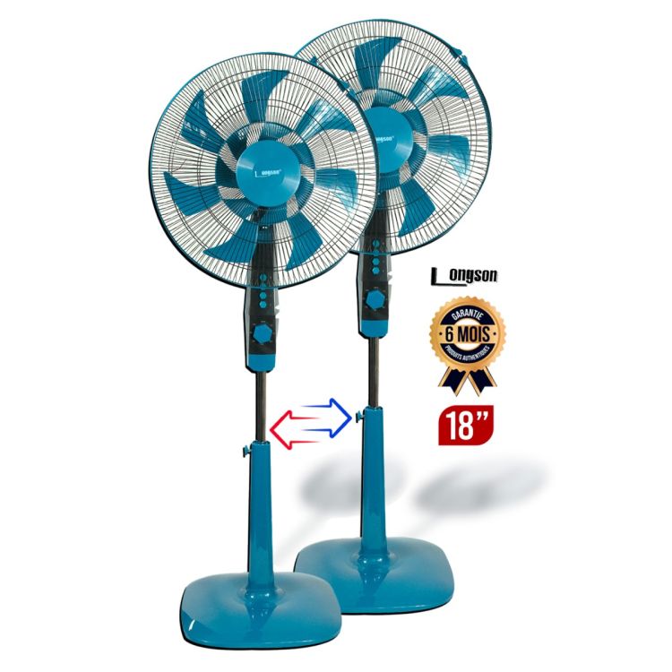 Ventilateur sur Pied LONGSON 18 Pouces – LS-TJ0072, bleu, avec 7 pales à deux niveaux, Minuterie 60 min, garantie 6 mois, au prix Cameroun. 