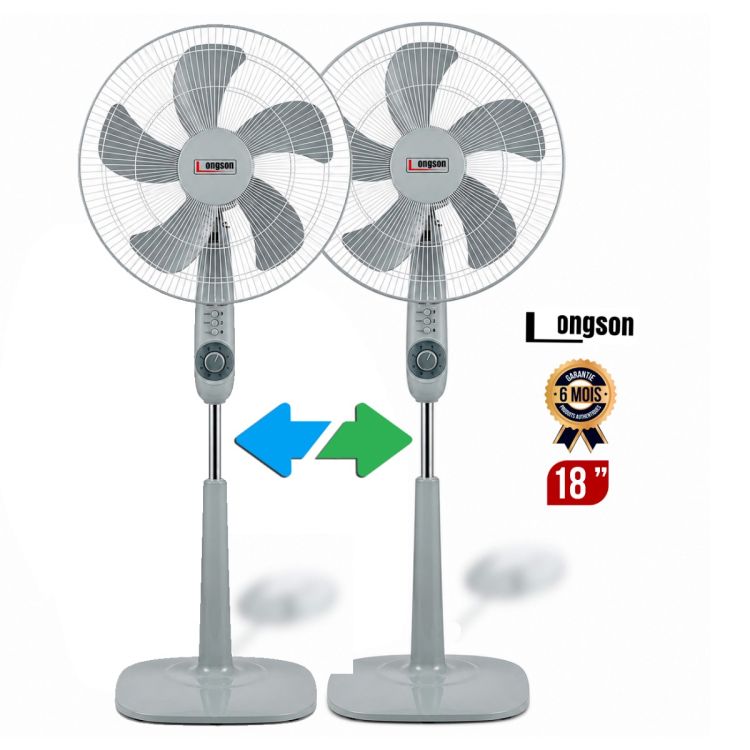 Lot de Deux  Ventilateur sur Pied - LONGSON LS-TJ006 - 18 Pouces - Hélice 5 Pales - 3 Vitesses - Oscillation Automatique - Hauteur Réglable - Base Large Stabilisatrice - Garantie 6 mois