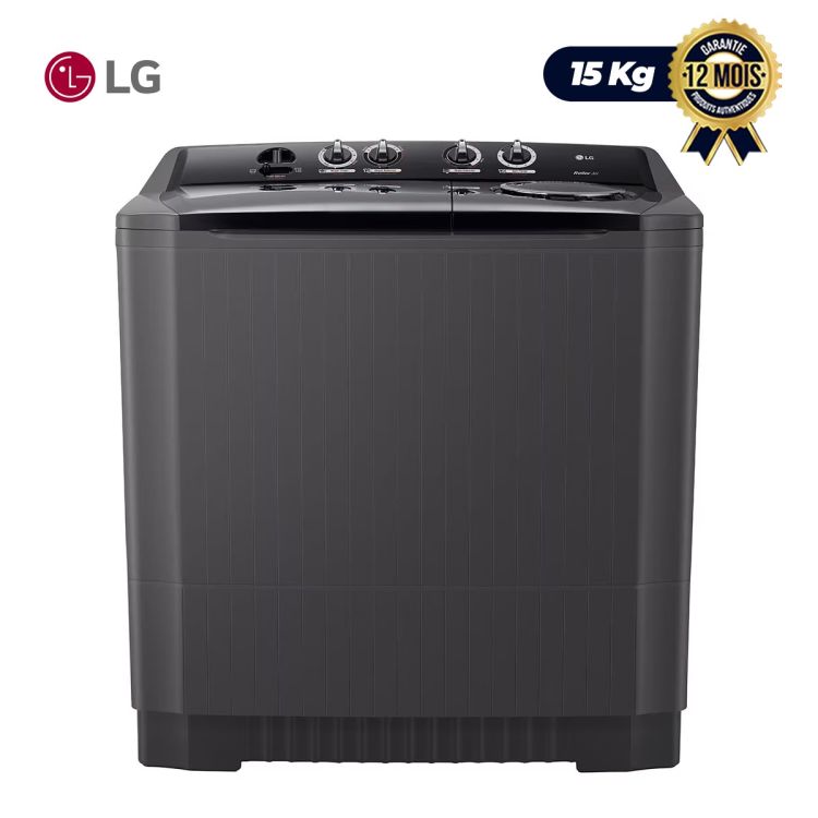 Machine à Laver Semi-Automatique LG P1561RWNT – 15 Kg - Double Cuve – Wind Jet Dry – Pulsateur à jet de rouleaux – 3 Programmes de Lavage – Technologie de protection anti-rat – Commandes rotatives simples – Noir – Garantie 12 mois