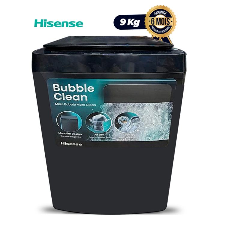 Machine à laver automatique HISENSE – 9 kg – Top Load (chargement par le haut) – Haute efficacité énergétique – Noir – Modèle WT3K9022UB – Garantie 6 mois