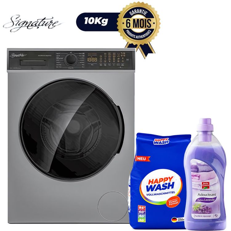 Machine à Laver Automatique SIGNATURE 10Kg + Lessive Happy Wash 2,025Kg + Adoucissant APTA 2L – Garantie 6 Mois, prix Cameroun. 