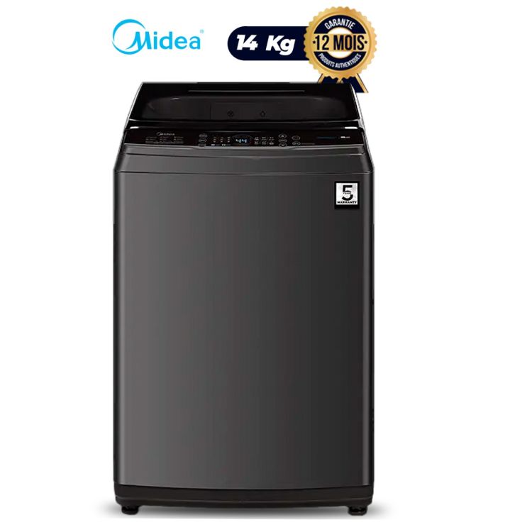 Machine à Laver Automatique Top Load – MIDEA MA200W140-T – 14 Kg – Moteur Inverter – Turbo Wash – Écran LED – Titanium – Garantie 12 Mois