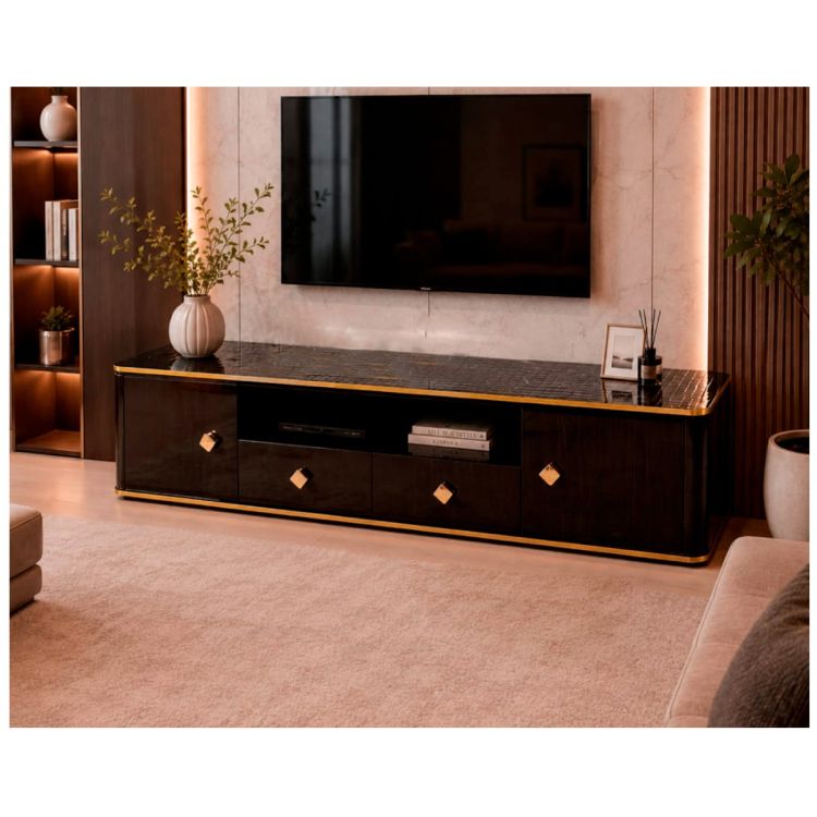 Meuble TV Jusqu'à 75 pouces avec plateau en verre - HB2510125 - Noir brillant et doré