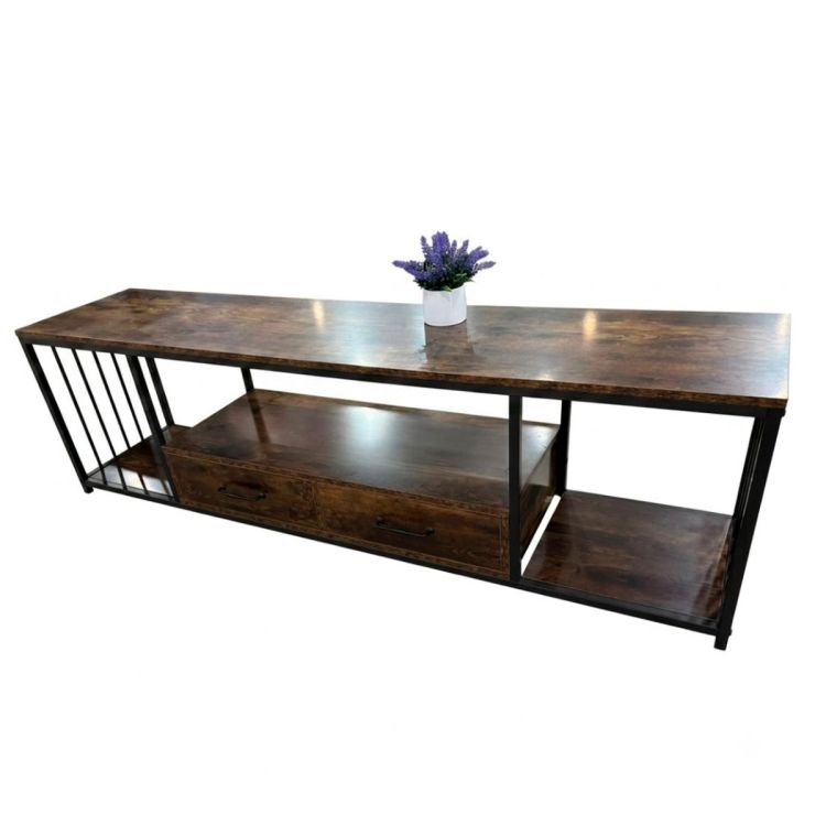 Meuble TV rustique – Jusqu'à 75 pouces – 180 cm – en bois avec structure en métal noir - HB2510077 - Espaces de rangement intégrés - Livré non monté