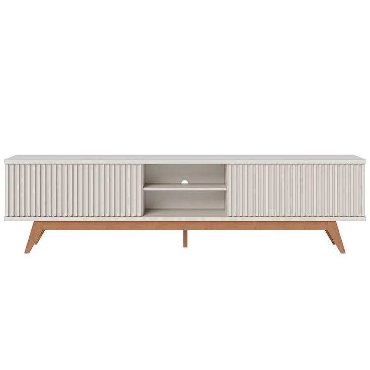 Meuble TV scandinave blanc – pour Ecrans 85 pouces – 8 Niches de Rangement – Portes à rainures – Moveis – MT‑1882