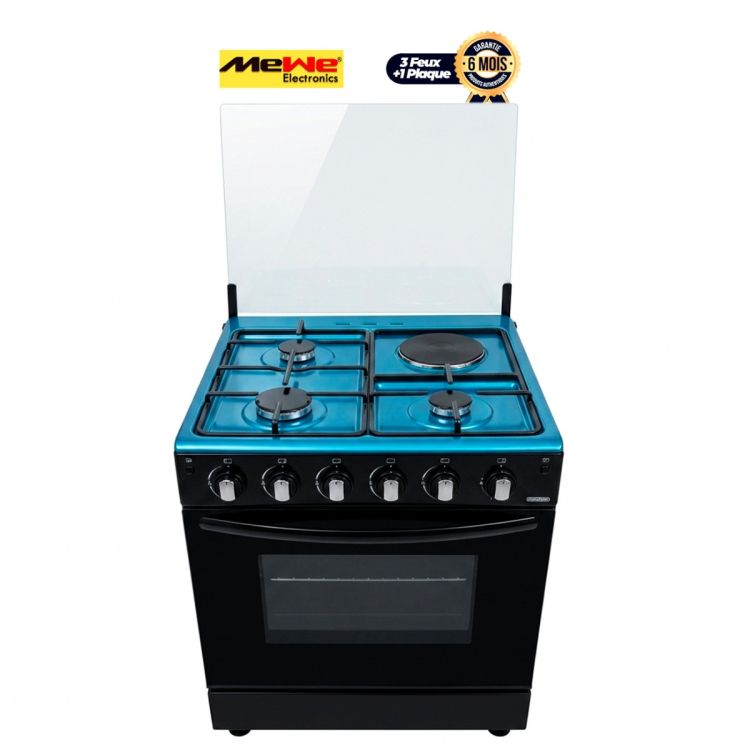 Cuisinière Semi-Gaz MEWE 60x60 cm,  Noir, 3 Feux + 1 Plaque Électrique, Four 80L, Garantie 06 Mois, prix Cameroun. 