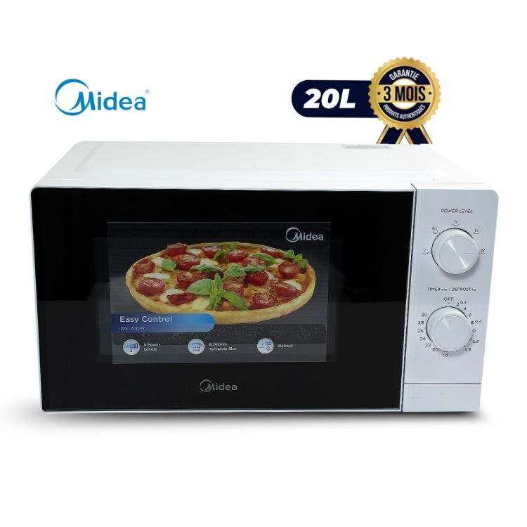 Micro-ondes MIDEA 20 L - MM7P012MZ-W - 700 W - 5 niveaux de puissance - Commandes mécaniques - Fonction décongélation - Plateau tournant 245 mm - Blanc - Garantie 3 mois