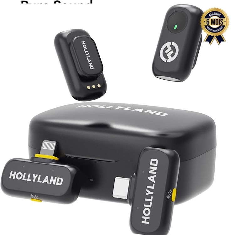 Microphone cravate sans fil Hollyland Lark A1 - Pack 2 émetteurs + 1 récepteur + boîtier de charge - Audio 48 kHz / 24-bit - 120 dB SPL - Réduction de bruit intelligente - Portée 200m - Autonomie 54h - Compatible iPhone et Android - Garantie 6 Mois