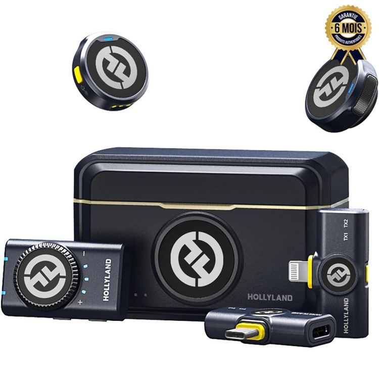 Microphone sans fil Hollyland Lark M2 - Pack 2 émetteurs + récepteur + boîtier de charge - Design bouton ultra-léger - Audio 48 kHz / 24-bit - Réduction de bruit ENC - Portée 300m - Autonomie 40h - Compatible iPhone, Android, Caméra & PC - Garantie 6 Mois