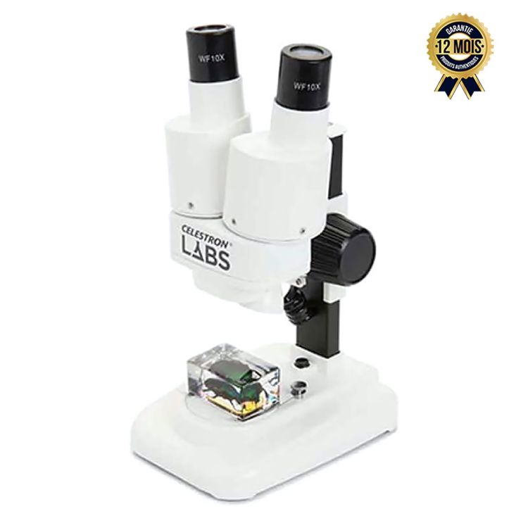 Microscope stéréo binoculaire 20x - Celestron Labs S20 - Vision 3D - Éclairage LED supérieur - Tête en métal - Alimentation par 2 piles AA - Portable