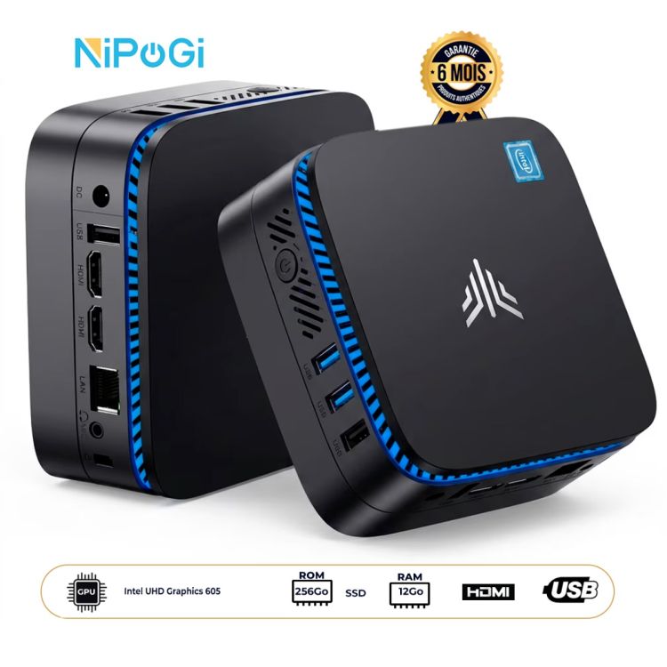 Mini PC / Mini Desktop - NiPoGi AK1PLUS - Intel N5030 - 12Go DDR4 RAM - 256Go SSD - Intel UHD Graphics 605  - WiFi5 - Bluetooth 4.2 - FreeDos - Garantie 6 mois  ( Livré sous 3 - 5 Jours )