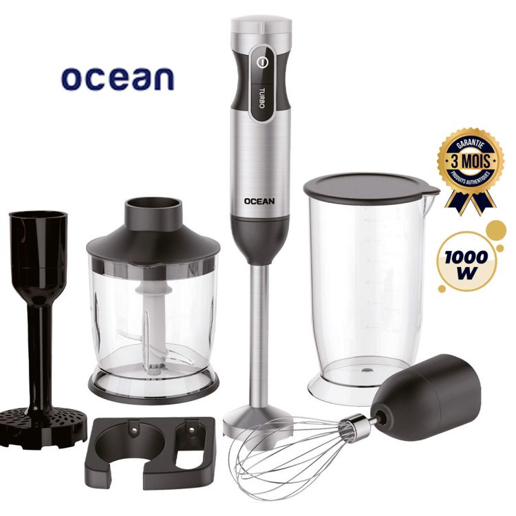 Mixeur Plongeant OCEAN 1000W – 6 en 1 - fouet, bol doseur, Ecrase-purée, hachoir et support mural, garantie 3 mois, prix Cameroun.