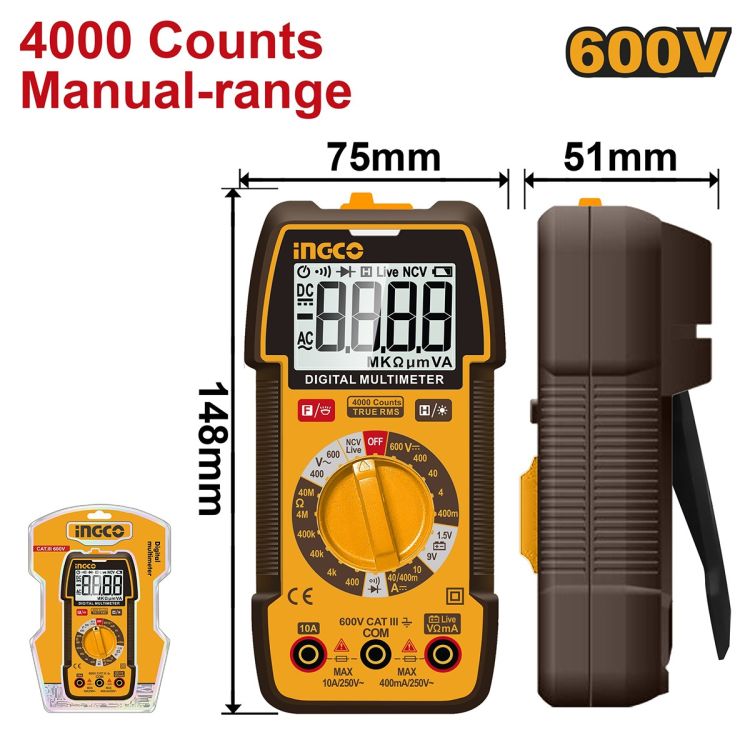 Multimètre digital LCD 600 V AC/DC INGCO DM36002