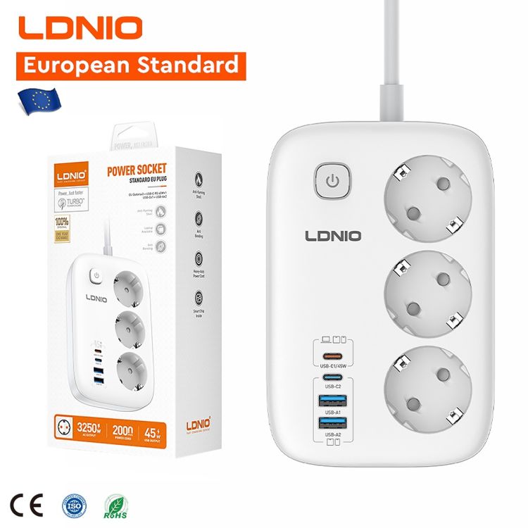 Multiprise 3 Prises + PD + 1QC 3.0 - LDNIO SE2 EU Plug - Extension de prise de courant à haut rendement avec interrupteur de sécurité