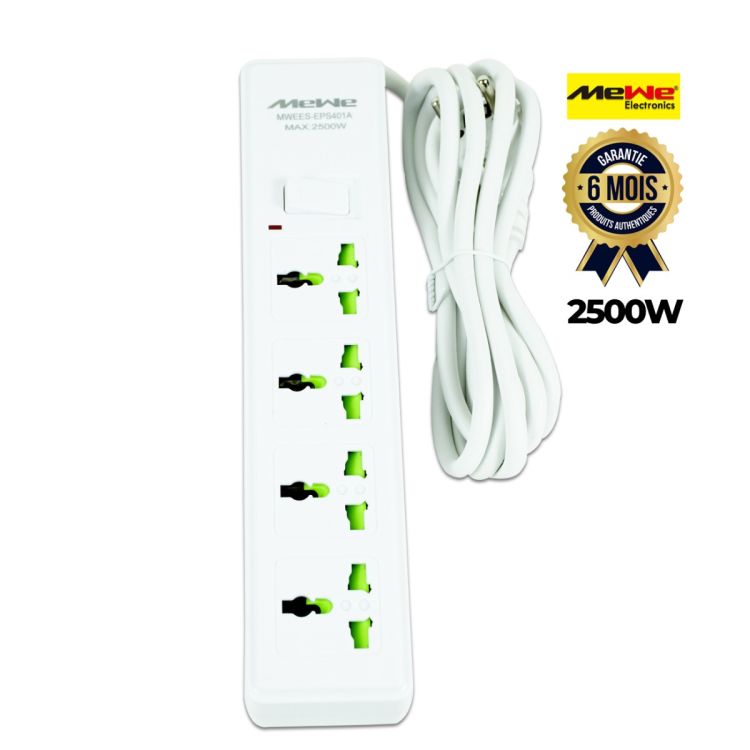 Multiprise MeWe 4 prises universelles avec interrupteur général - 2500W, garanti 6 mois sur Glotelho.