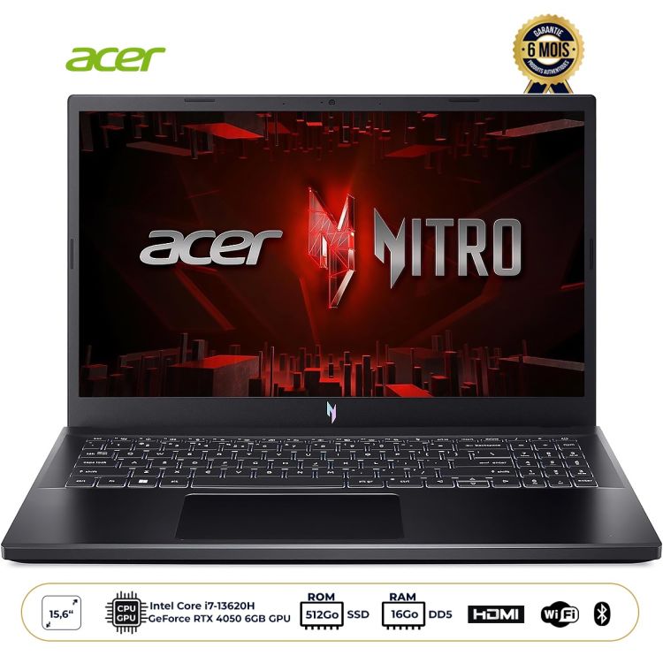Ordinateur Portable Gaming-  Acer Nitro V15 - ANV15-51-76ER - 15.6" FHD 165Hz - Core i7-13620H - 16GB RAM DDR5 - 512GB SSD - RTX 4050 6GB - Garantie 6 mois